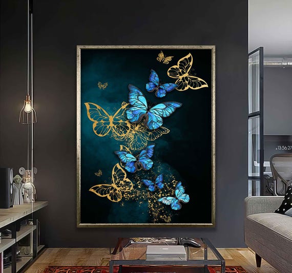 Blue And Gold Butterfly Wall Art Abstract Painting For Living Room Bedroom Office Or Gift Dcor