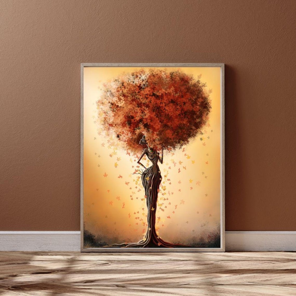 Autumn Tree Woman Silhouette Falling Leaves Surreal Nature Wall Poster