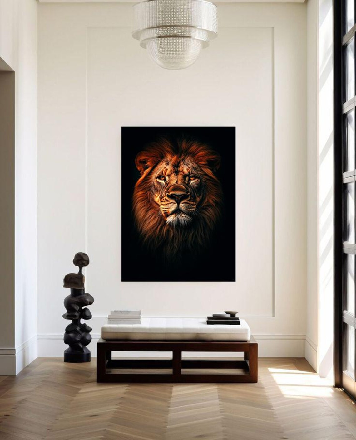 Powerful Lion Portrait On Black Background Dramatic Wildlife Art Poster