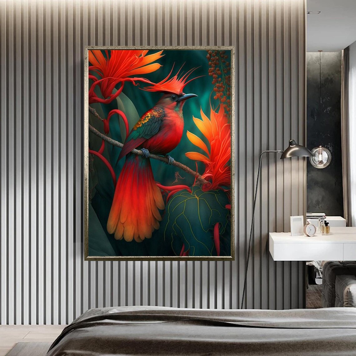 Red Tropical Bird On Branch With Exotic Flowers Nature Wall Art Print