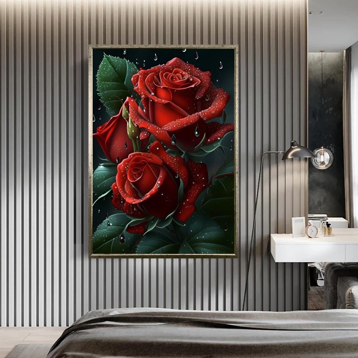 Romantic Red Roses With Water Droplets Dark Moody Floral Art Poster