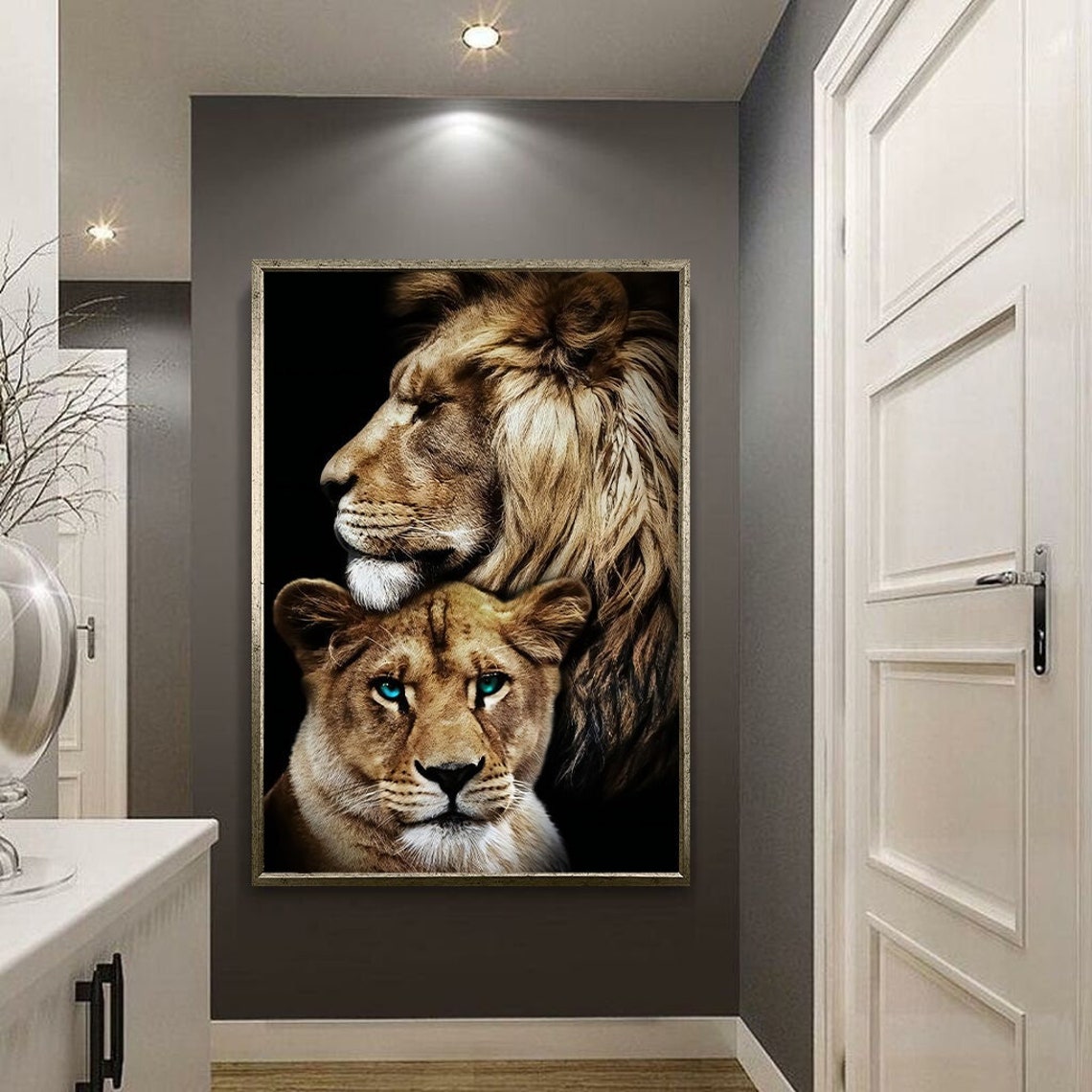 Lion And Lioness Portrait Pair Regal Big Cats Black Wall Poster