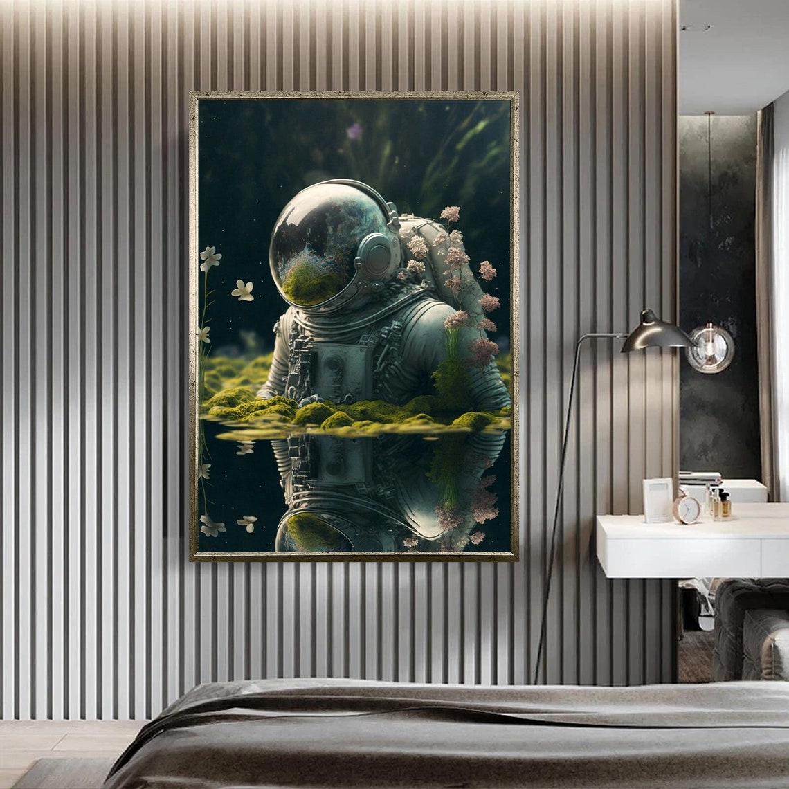 Astronaut Moss Flowers Dark Forest Surreal Space Reflection Art Poster