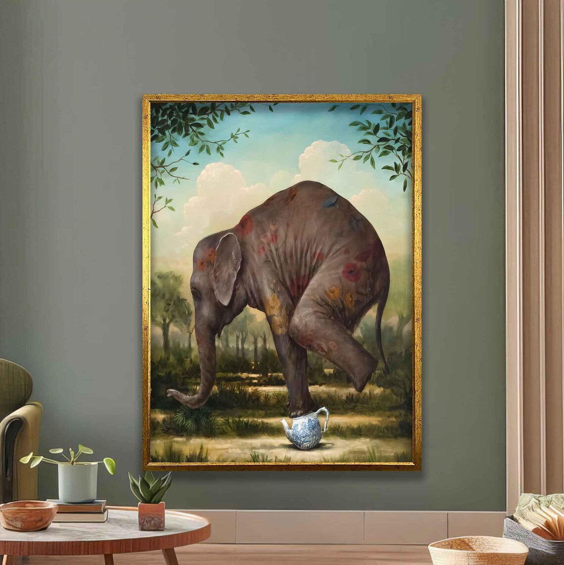 Elephant Balancing On Teacup Surreal Fantasy Animal Wall Art Poster