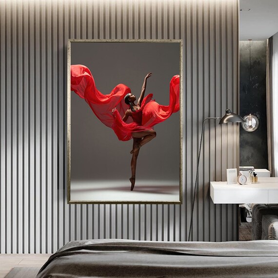 Red Dress Ballerina Flowing Fabric Dance Graceful Dancer Wall Art Poster