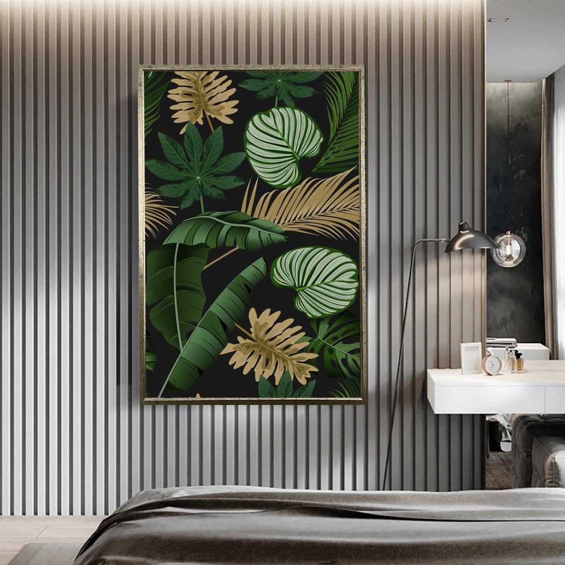 Tropical Leaves Dark Botanical Gold Green Foliage Modern Poster
