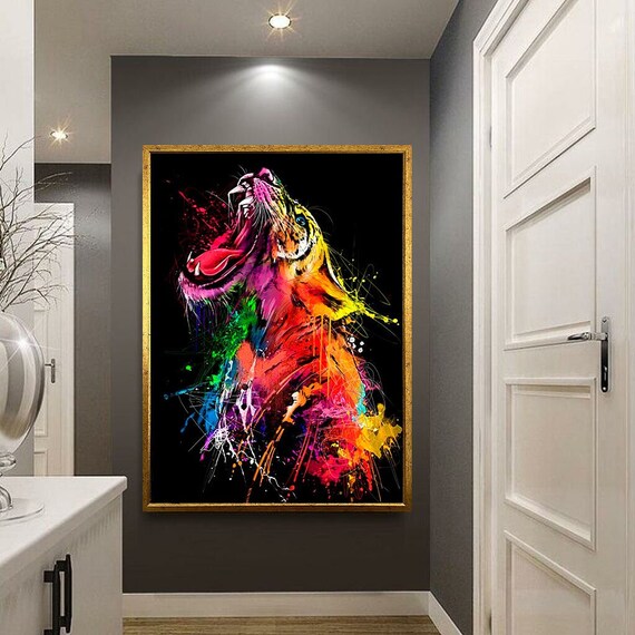 Vibrant Roaring Tiger Neon Paint Splash Abstract Wildlife Art Poster