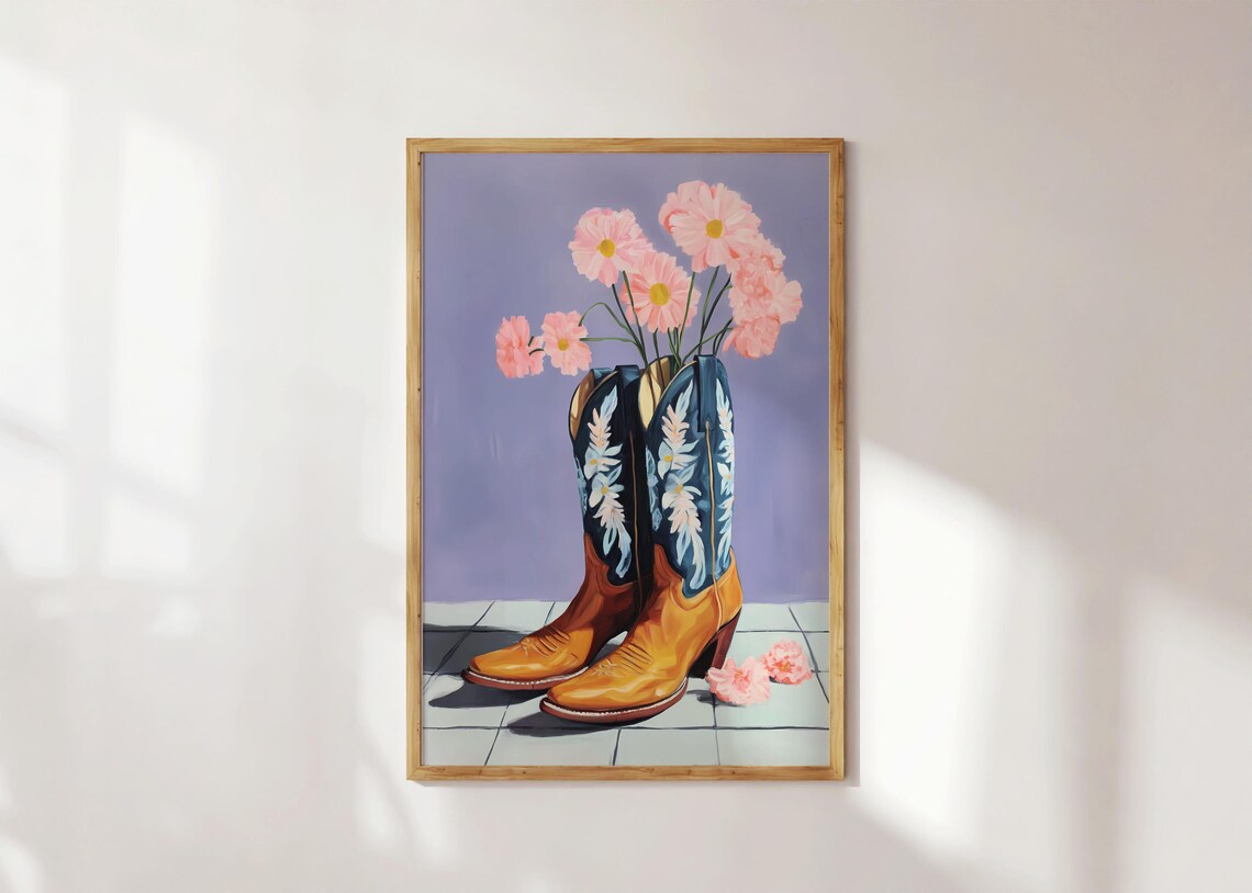 Cowgirl Boots Pink Flowers Purple Background Painting Poster