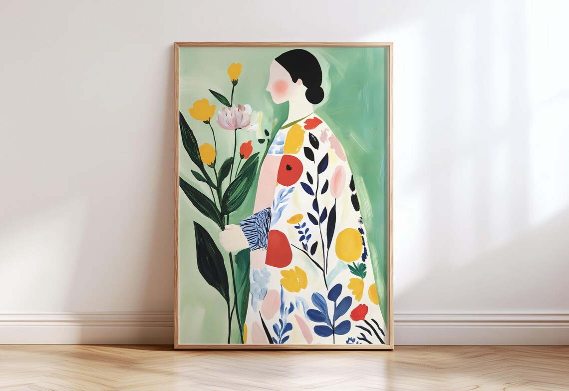 Sage Green Abstract Woman Flowers Folk Art Botanical Feminine Print