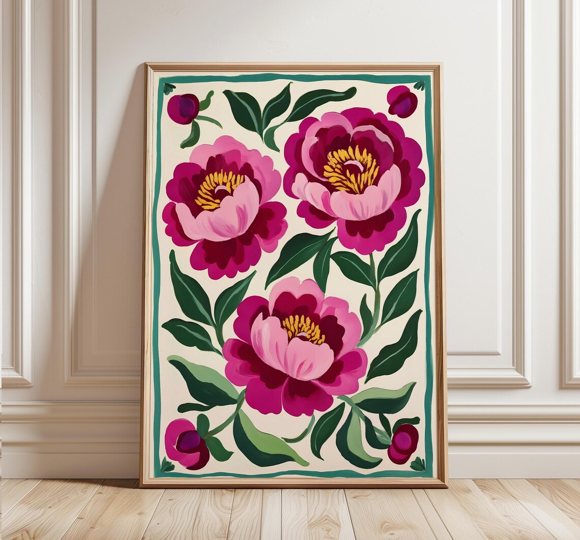 Pink Peonies Print, Modern Abstract Flower Art