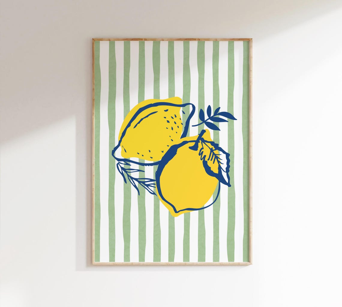 Bold Retro Lemons Modern Citrus Kitchen Art Green Stripes Poster