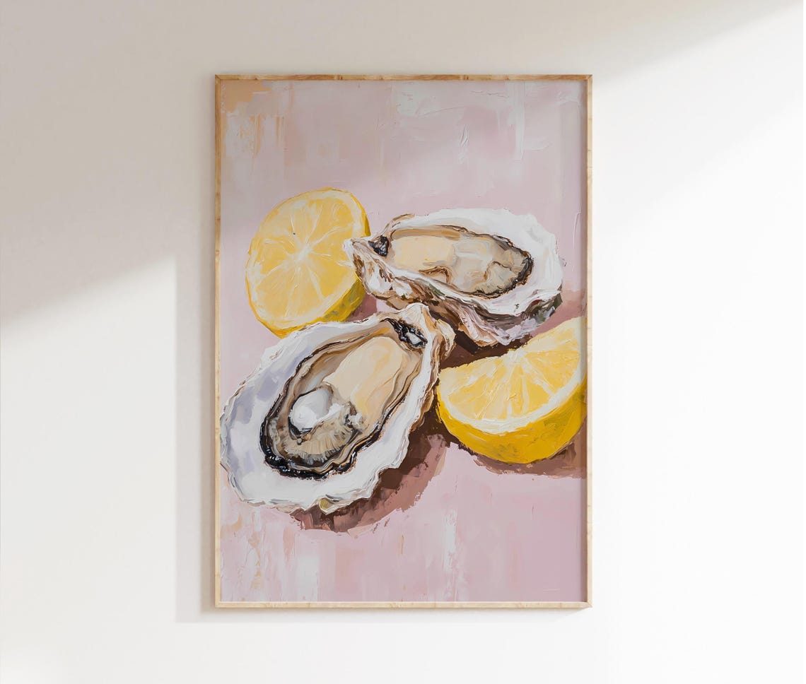 Pastel Oyster and Lemon Still Life Poster with Pink Background Art