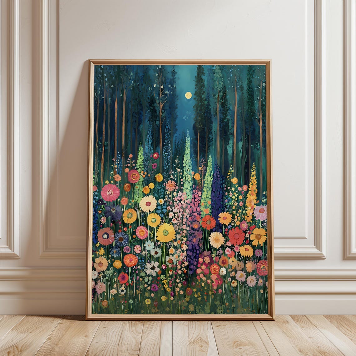 Moonlit Wildflower Meadow Night Forest Floral Painting Poster