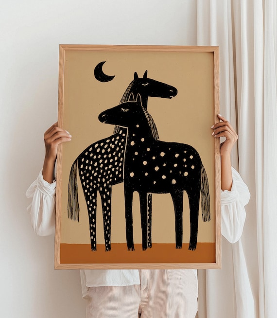 Minimalist Horses Art Print Boho Nursery Horse Illustration Modern Abstract Western Animals Poster Kids Room Wall