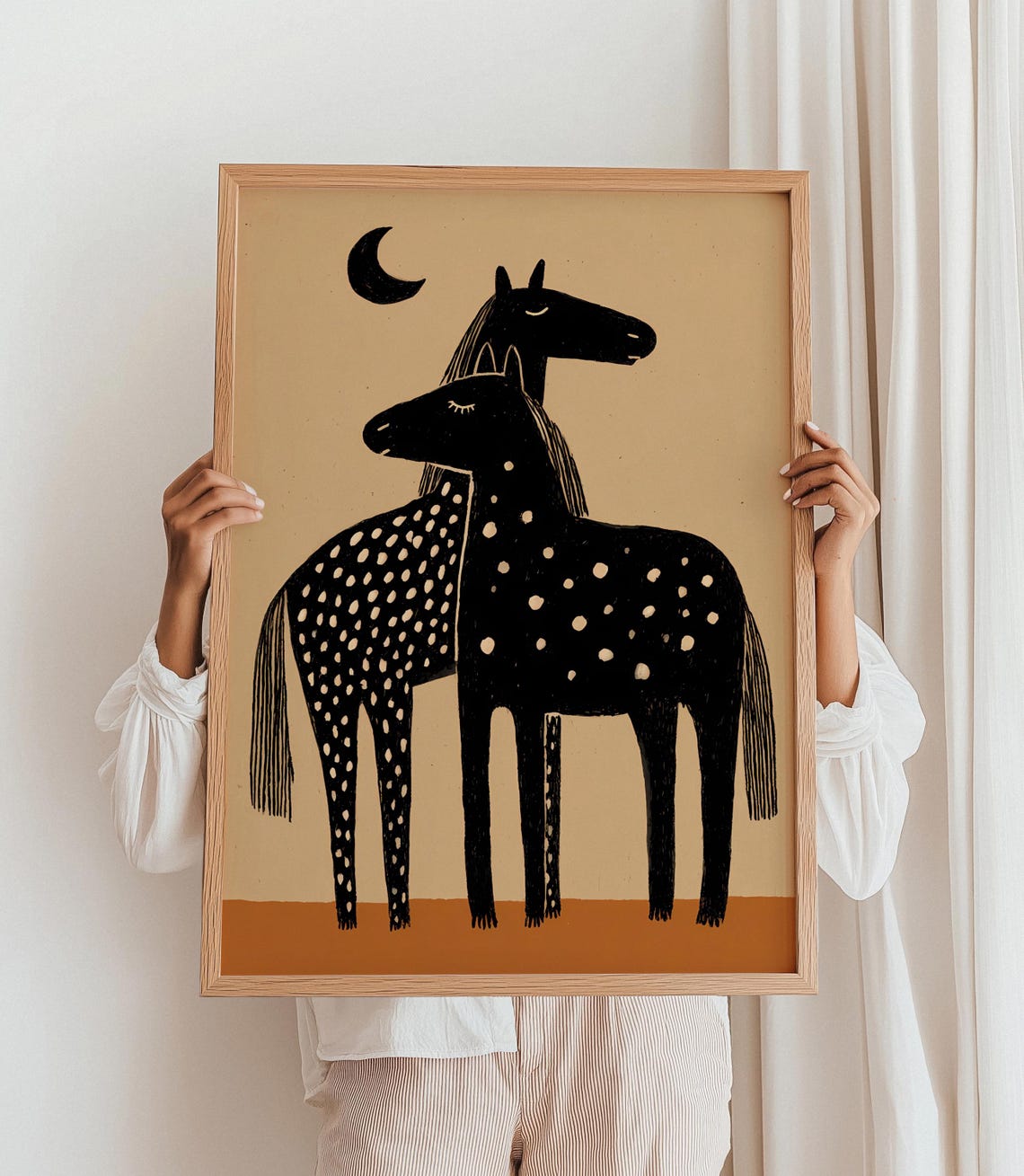 Minimalist Boho Two Spotted Black Horses Under Moon Nursery Wall Art