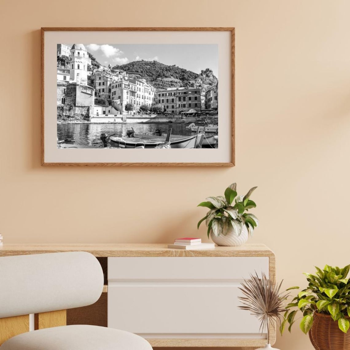 Italian Coastal Village Harbor Boats Black And White Photo Poster - Image 4