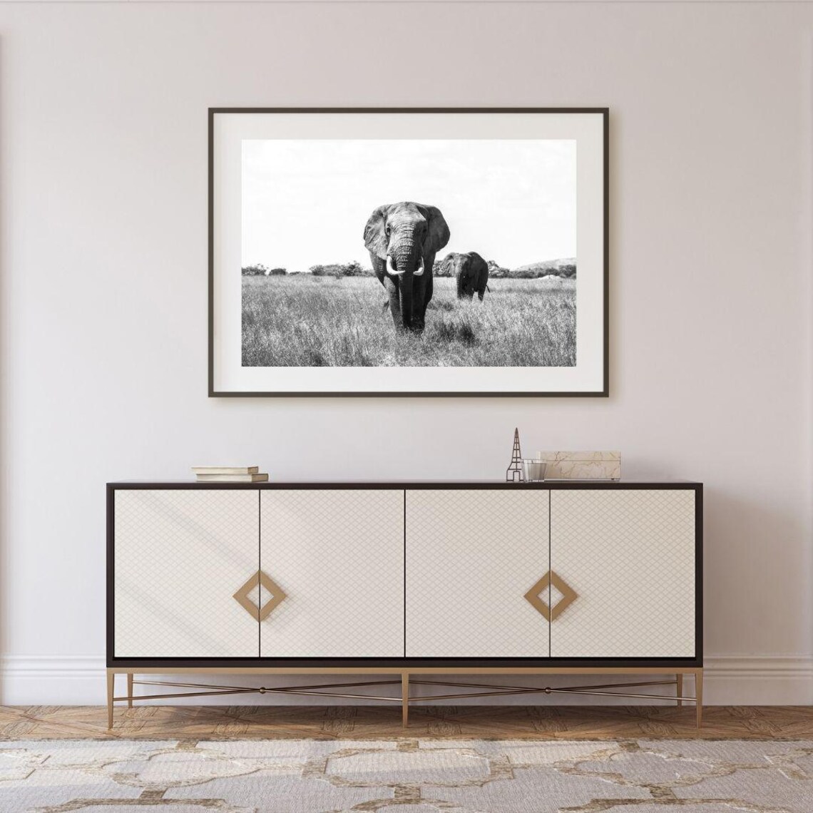 African Elephants Savanna Black And White Wildlife Photo Poster