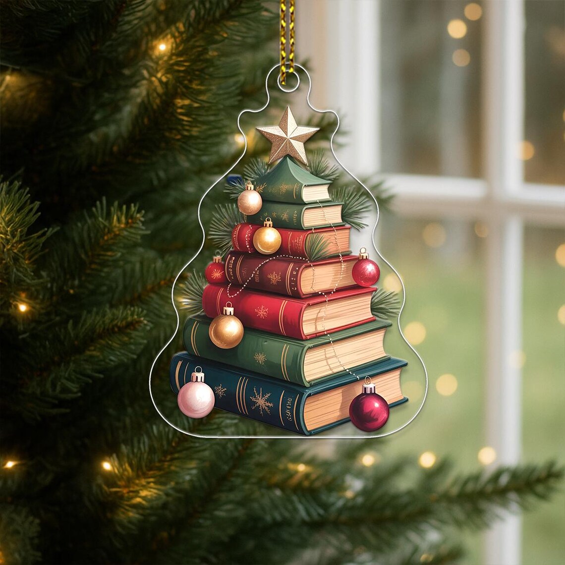 Stacked Books Christmas Tree With Star Bauble Ornament Poster