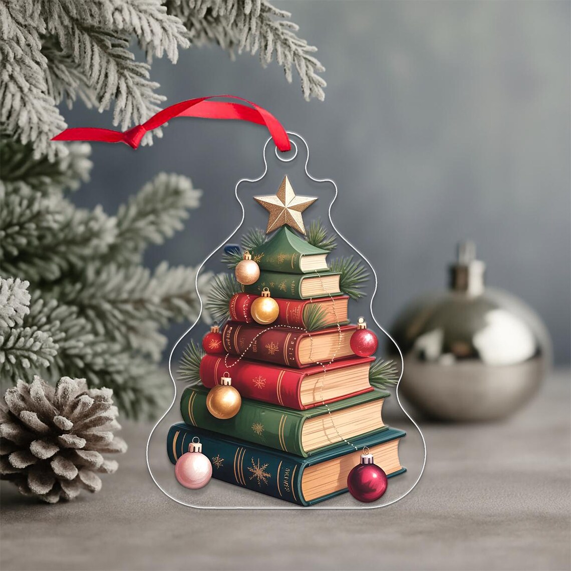 Stacked Books Christmas Tree Ornament For Book Lovers Poster