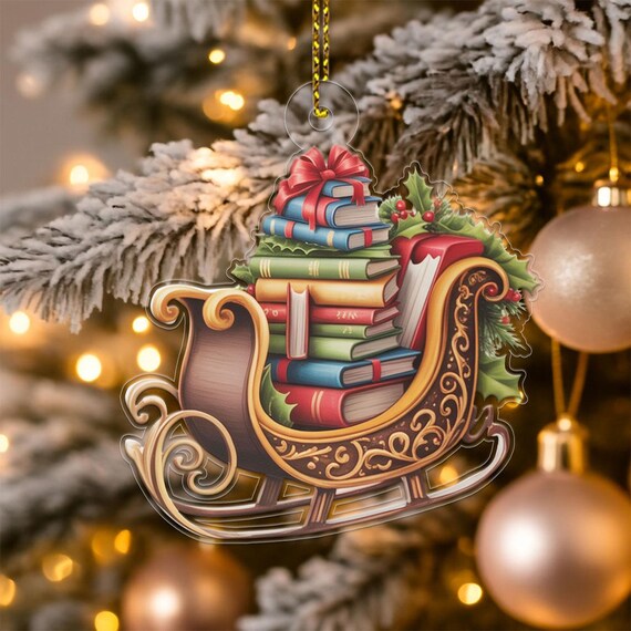 Book Lover Sleigh Christmas Ornament Stacked Books Holly Bow Tree Print