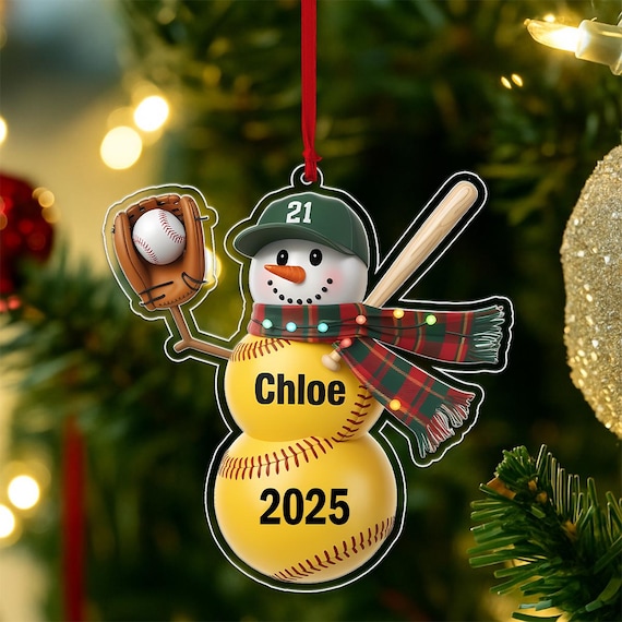 Custom Softball Snowman Christmas Tree Ornament Acrylic Print Gift 2025