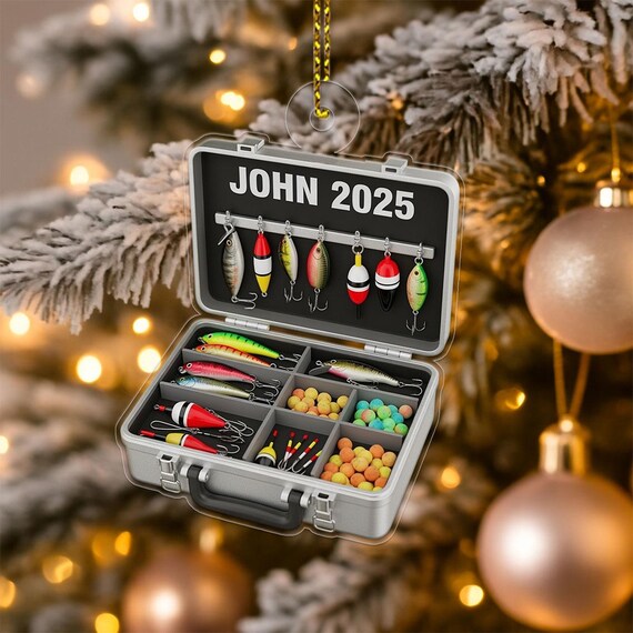 Personalized Fishing Tackle Box Lures Bobbers Angler Christmas Ornament Print