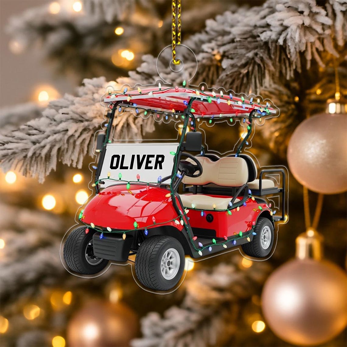 Custom Name Red Golf Cart Christmas Lights Ornament Golfer Poster