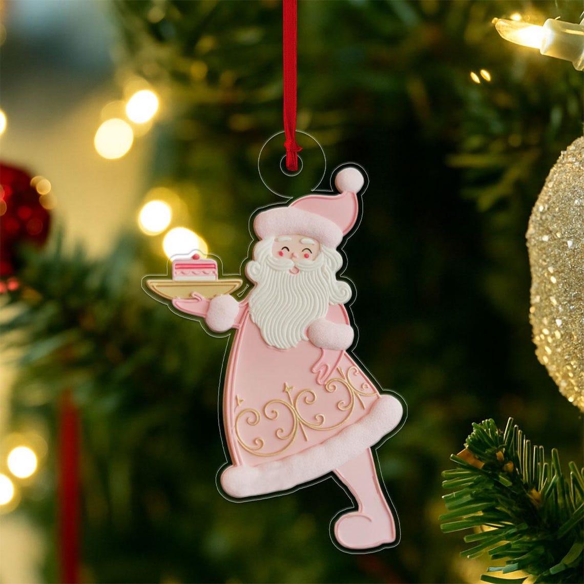 Pink Santa Claus Cake Dessert Christmas Tree Ornament Holiday Print