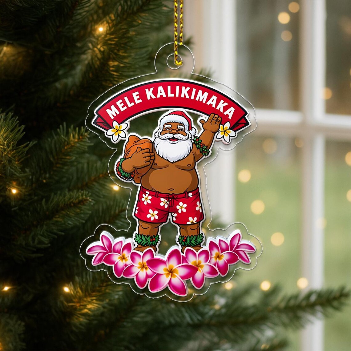 Hawaiian Santa Mele Kalikimaka Christmas Art Print with Plumeria Flowers