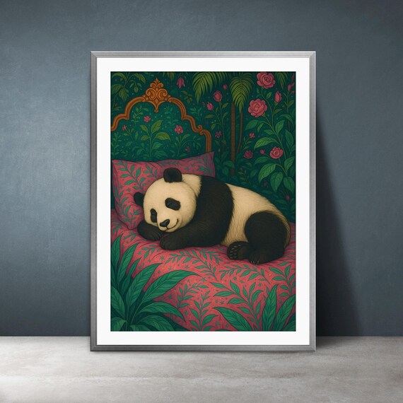 Sleeping Panda Nursery Floral Botanical Whimsical Animal Art Poster