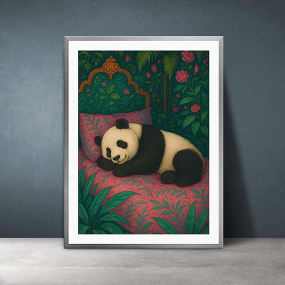 Sleeping Panda Nursery Print Whimsical Botanical Art