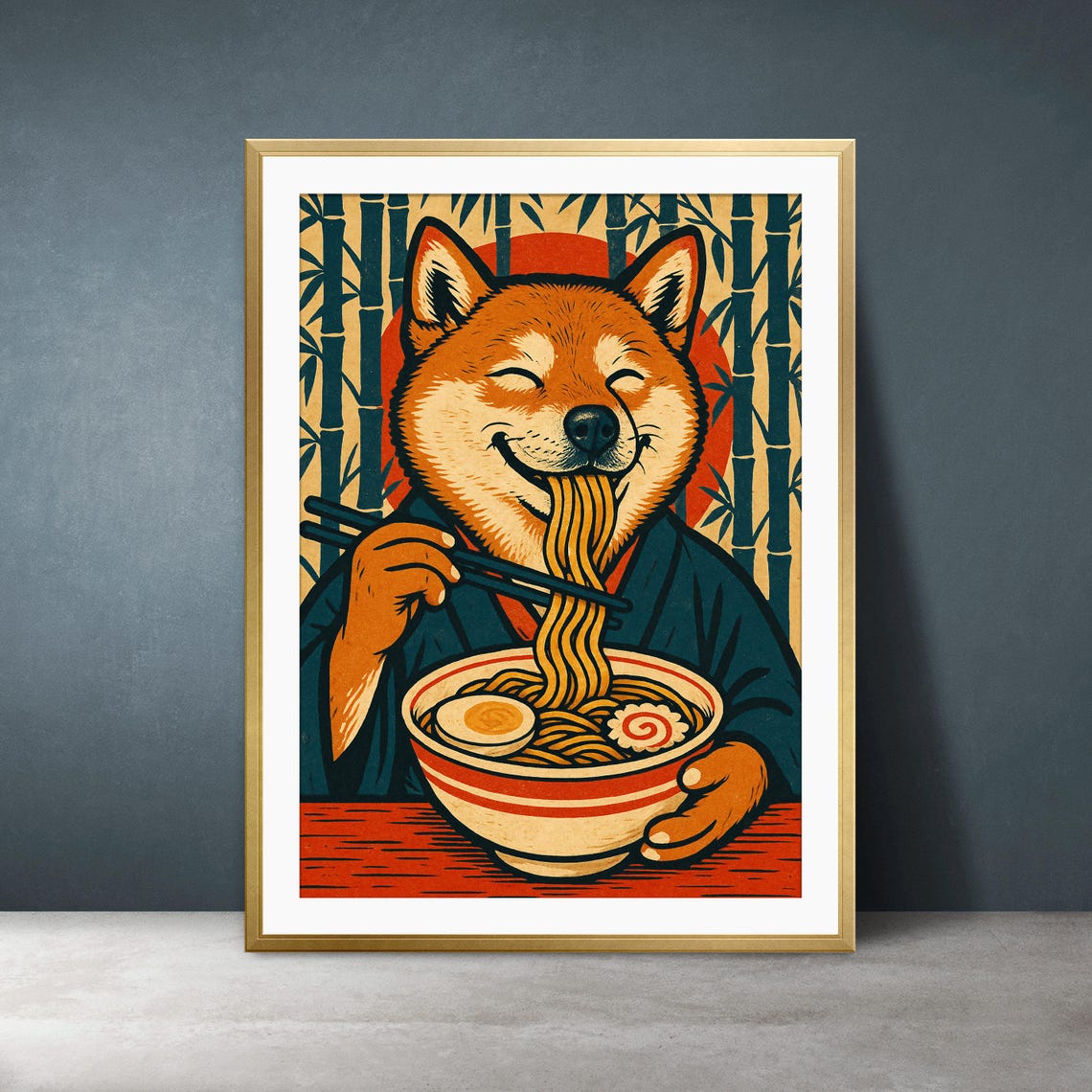 Shiba Inu Eating Ramen Japanese Kimono Style Funny Dog Art Poster