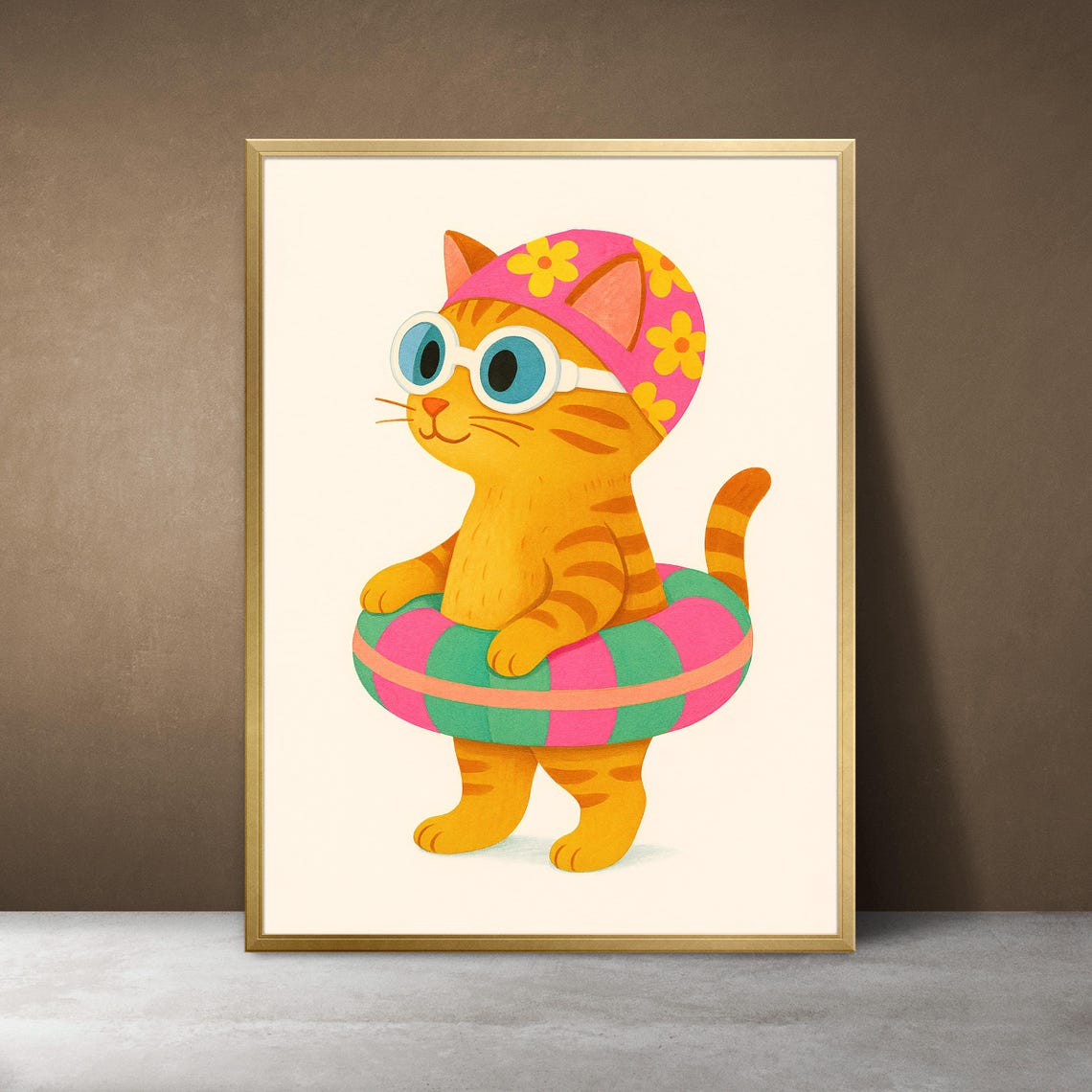 Cute Orange Tabby Kitten with Swim Cap and Float Kids Art Poster