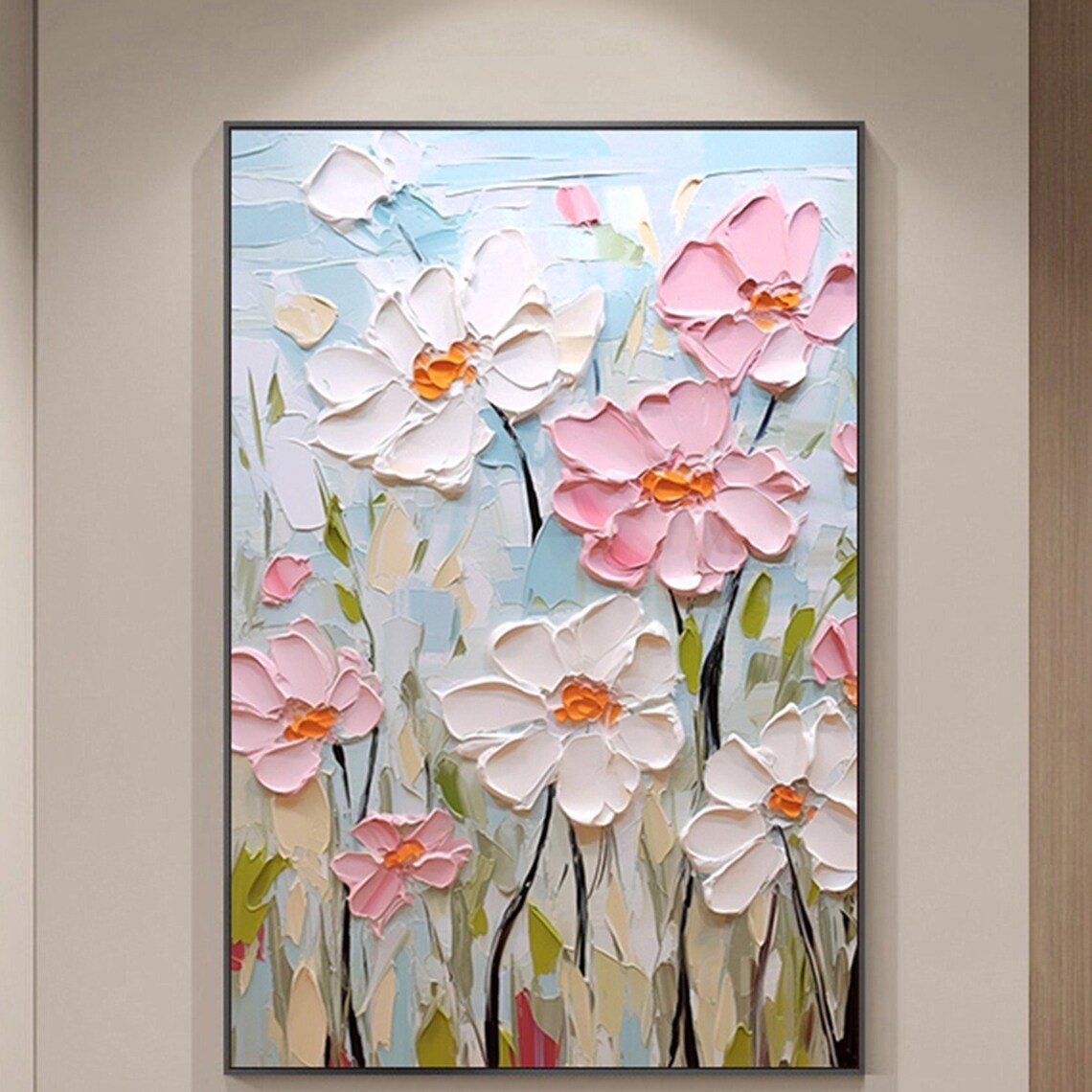 Pink White Blossom Light Blue 3D Textured Floral Painting Poster