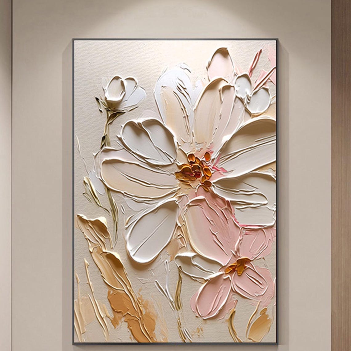 Large White Bloom Small Pink Flower 3D Textured Floral Painting Poster