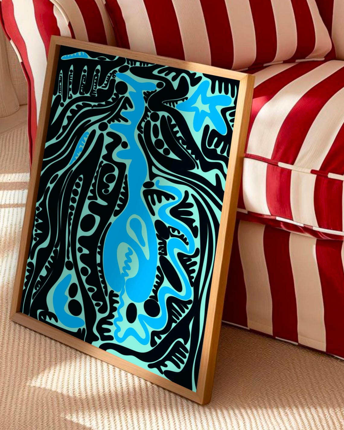 Black Teal Blue Abstract Expressionist Poster Organic Tribal Shapes
