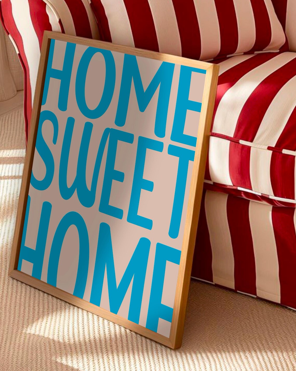 Home Sweet Home Typography Poster Bold Blue Lettering on Cream