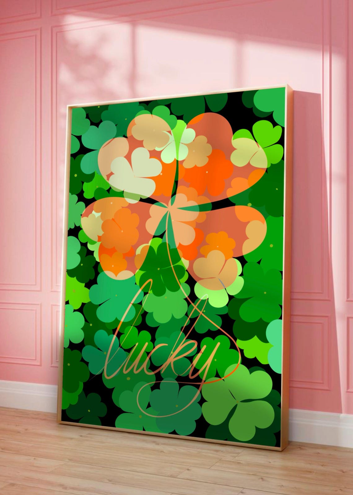 Lucky Clover Kaleidoscope Green Orange Maximalist Graphic Poster