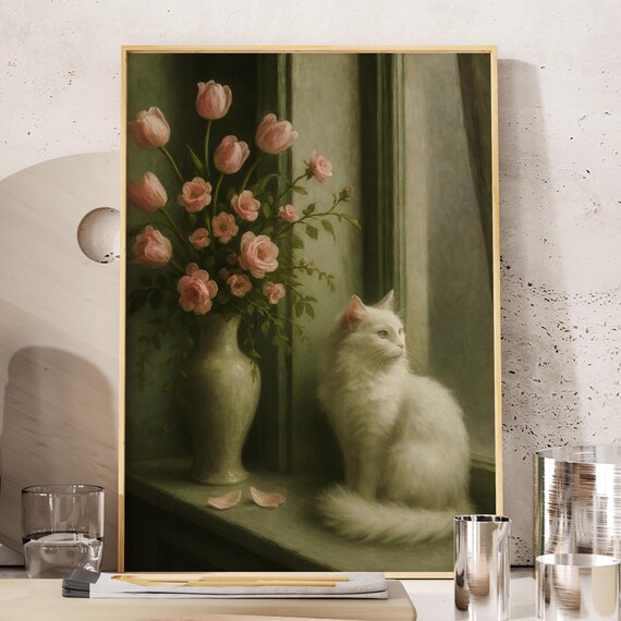 White Cat Sitting By A Window With Tulips And Roses Vintage Floral Cat Poster