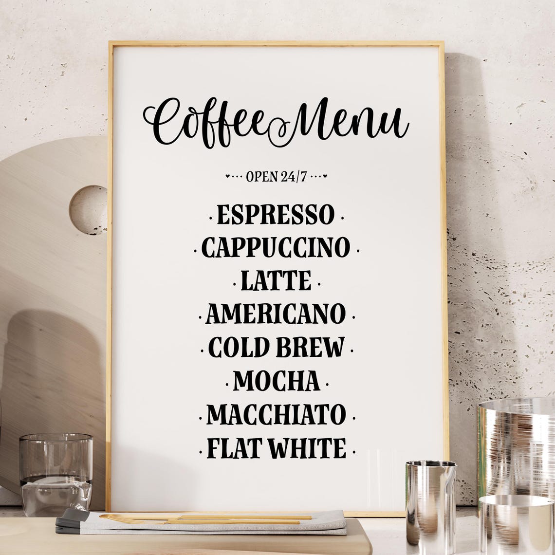 Coffee Menu Espresso Latte Cappuccino Kitchen Typography Poster