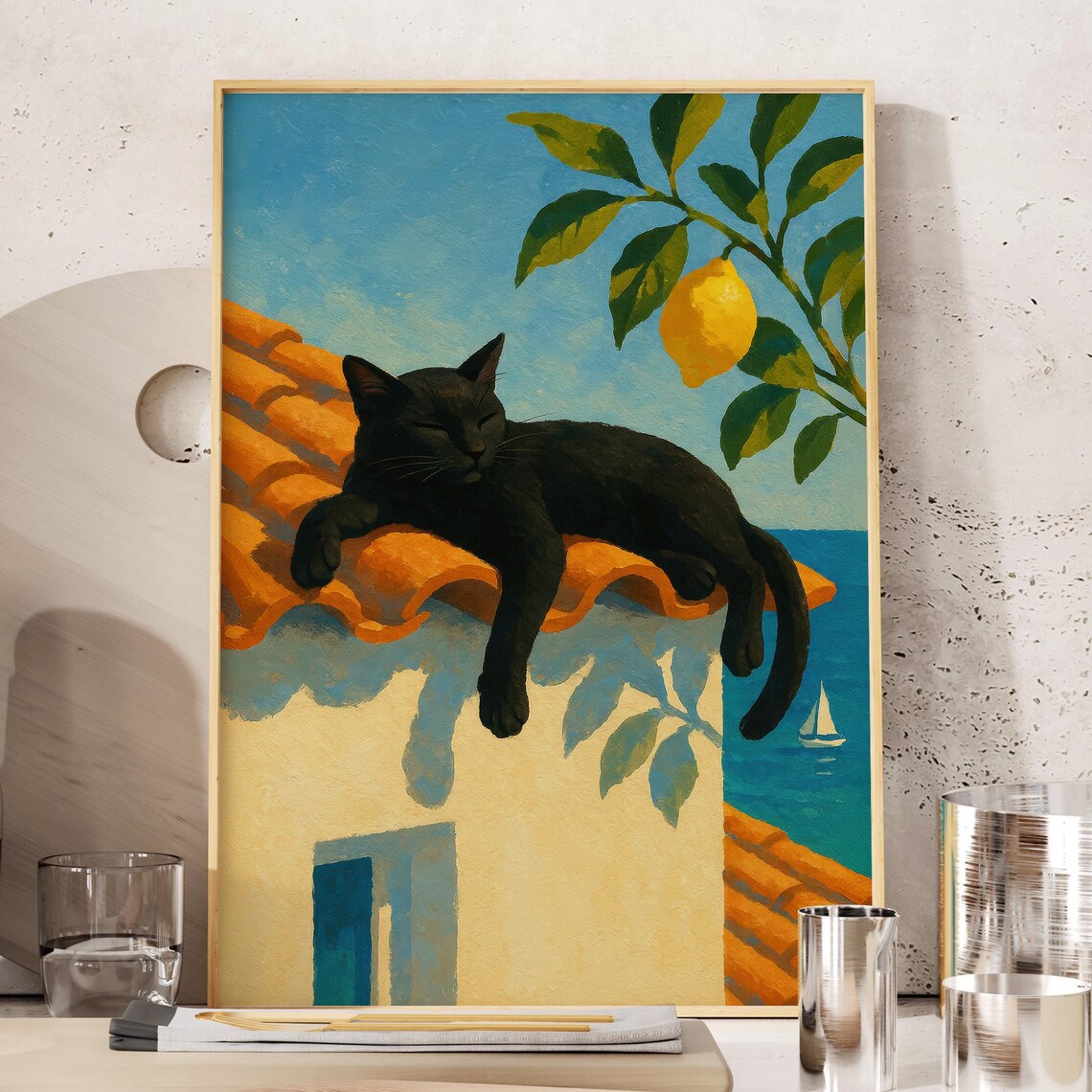 Black Cat Napping On Terracotta Roof Tiles With Lemon Tree Mediterranean Poster