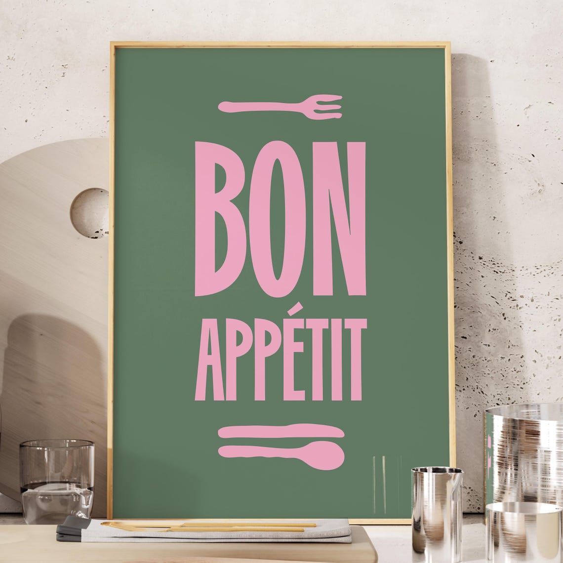 Bon Appetit Retro Kitchen Typography Mid Century Dining Room Poster