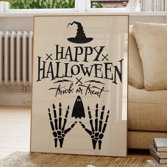 Happy Halloween Sign Wall Art Trick Or Treat Posterspooky Season With Cute And Skeleton Witch Hat