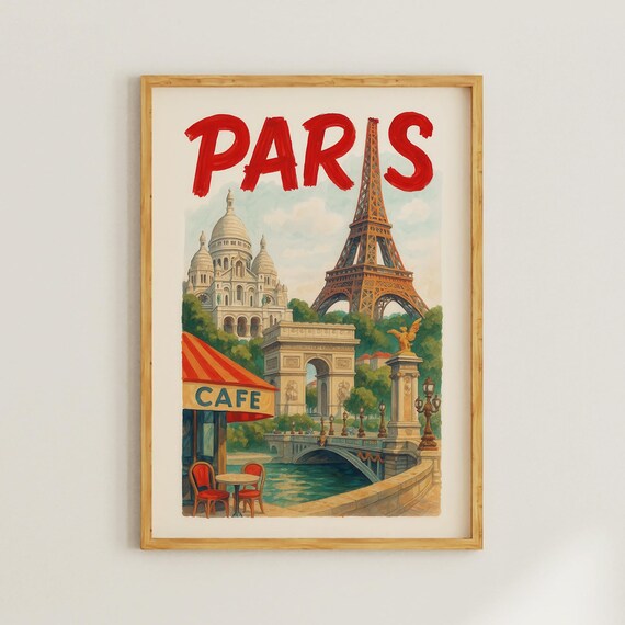 Vintage Paris Travel Poster Featuring Eiffel Tower Sacre Coeur And Cafe Scene