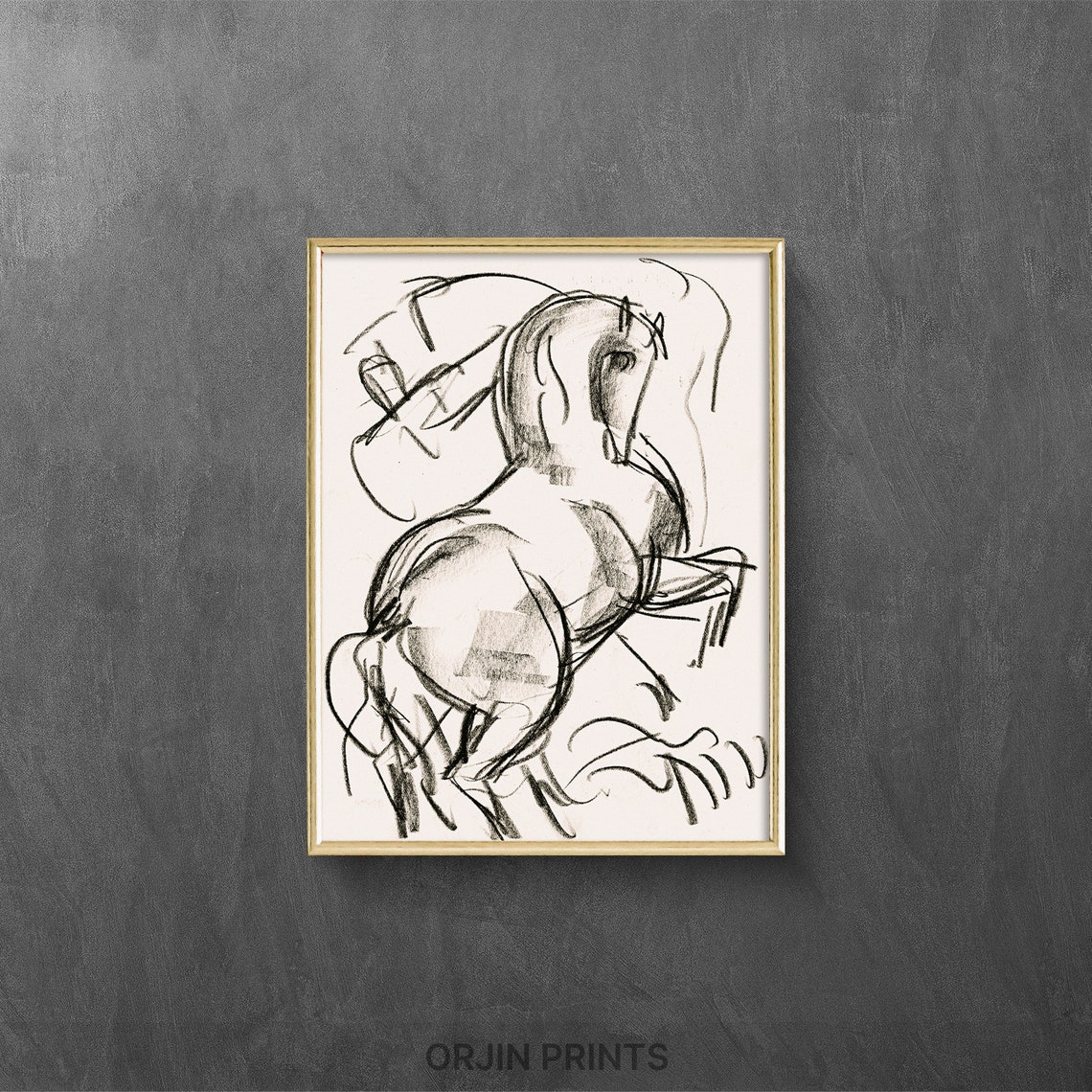 Rearing Horse Charcoal Sketch Expressive Equine Drawing Wall Art