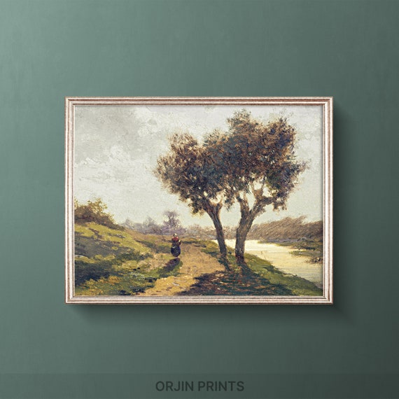 Tranquil Countryside Print Two Trees And A Path Nature Art Peaceful River Landscape Decor Orjin Prints 214