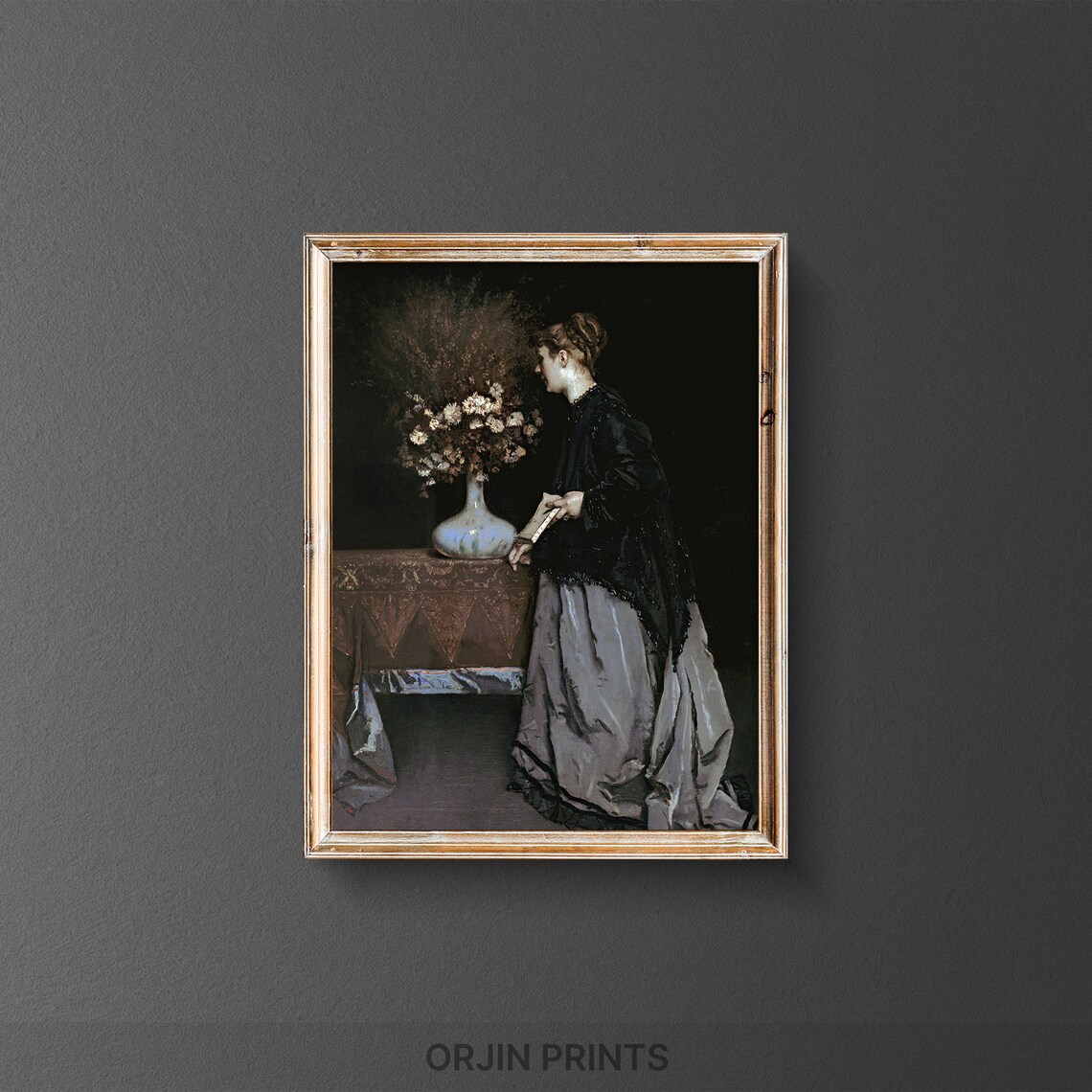 Elegant Woman Beside Flower Table Dark Interior Oil Painting Poster