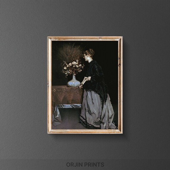 Elegant Woman Beside Flower Table Dark Interior Oil Painting Poster