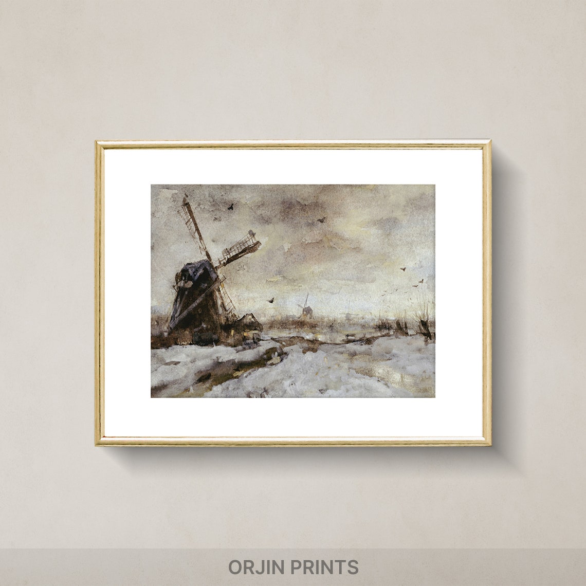 Windmill in Winter Watercolor Snowy Landscape Dutch Mill Poster