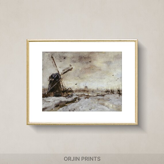 Windmill in Winter Watercolor Snowy Landscape Dutch Mill Poster